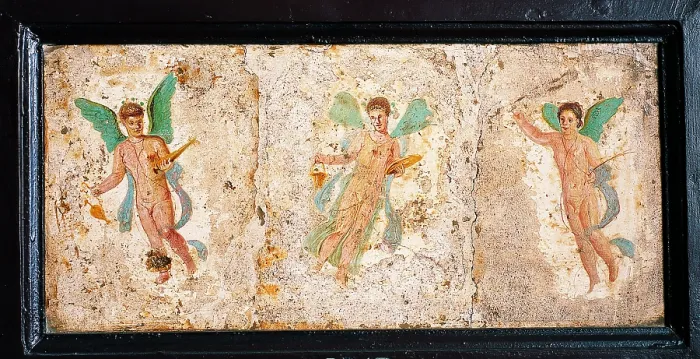 Framed Print : Cupids and Psyche, by unknown artist, 10-45, 1st Century A.D. ripped fresco, 17 x 36 cm - Italy, Campania, Naples, National Archaeological Museum, Room LXXVII, inv. 9315