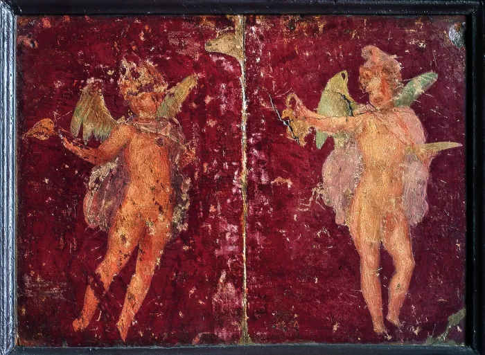 Framed Print : Cupids, by unknown artist, 54-69, 1st Century A.D. ripped fresco, 27 x 37 cm - Italy, Campania, Naples, National Archaeological Museum, Room LXXVII, inv. 9222