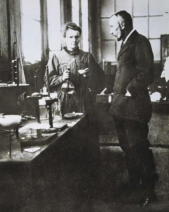 Framed Print : CURIE, Marie (1867-1934); CURIE, Pierre (1859-1906). Portrait of Mr. and Mrs. Curie in their laboratory. SPAIN. Madrid. National Library. AISA / Everett Collection**US SALES ONLY**