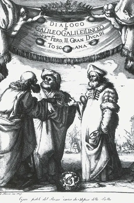 Framed Print : Cver of the work 'Dialogo di Galileo Galilei Linceo Al Sermo. Ferd. II. Grand. Duca di Toscana'. Copy of an engraving by Stefano della Bella (1632). Engraving