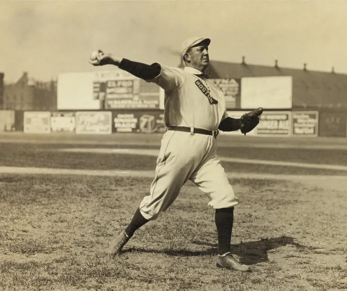 Framed Print : Cy Young pitching in 1908 in New York City, where his team played the Yankees. Young was then playing on the American League team, Boston Red Soxs (1901-1911) (BSLOC_2018_3_110)