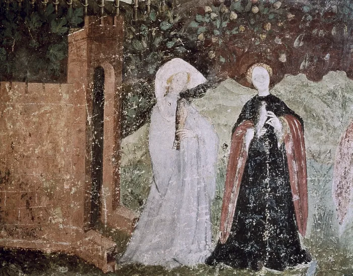Framed Print : Cycle of the Months. 1391-1407. ITALY. Trento. Castle Buonconsiglio. Eagle's Tower. The Month of June. Pair of ladies. Detail of two women going for a walk Framed Print : Cycle of the Months. 1391-1407. ITALY. Trento. Castle Buonconsiglio. Eagle's Tower. The Month of June. Pair of ladies. Detail of two women going for a walk