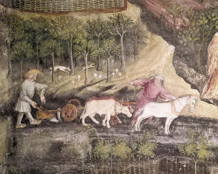 Framed Print : Cycle of the Months. 1391-1407. ITALY. Trento. Castle Buonconsiglio. Eagle's Tower. April: detail of agricultural works. Work commissioned by Giorgio di Liechtenstein