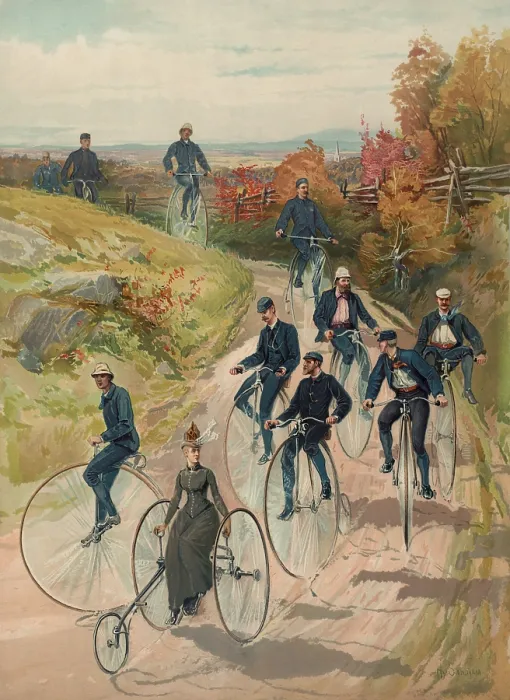 Framed Print : Cycling in the country. Several men on high rider bicycles and one woman on a three-wheel cycle ride on a dirt path in an autumn landscape. 1887. LC-DIG-pga-04039