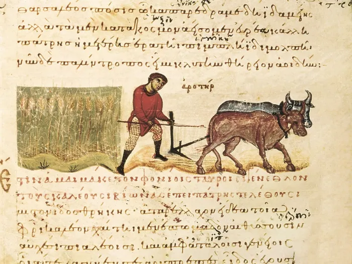 Framed Print : 'Cynegetica: treatise on hunting and fishing' by Oppianus. Scene of farming with oxes. Greek school (11th c.). Romanesque art. Miniature Painting. ITALY. Venice