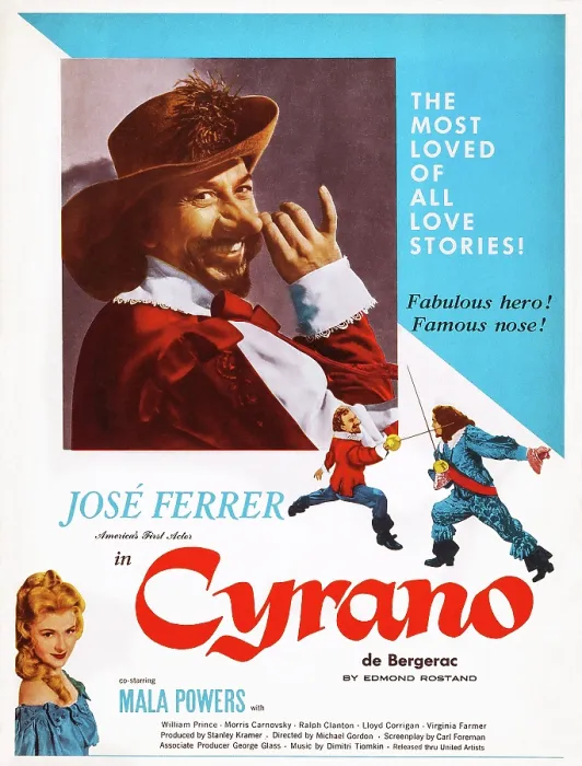 Framed Print : CYRANO DE BERGERAC, top and center left: Jose Ferrer, bottom: Mala Powers on poster art, 1950