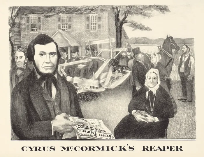 Framed Print : Cyrus McCormick's reaper. A n illustration of Cyrus McCormick and the mechanical reaper he invented. 1930s lithograph by Bernarda Bryson