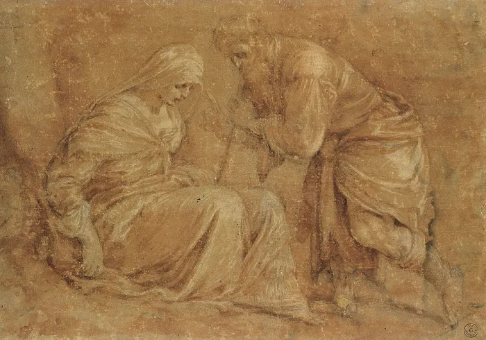 Framed Print : Da Ponte Jacopo know as Bassano, Judas and Tamar, 1563, 16th Century, acquerello bruno, gessetto nero con lumeggiature bianche su cart, Italy, Tuscany, Florence, Uffizi Gallery