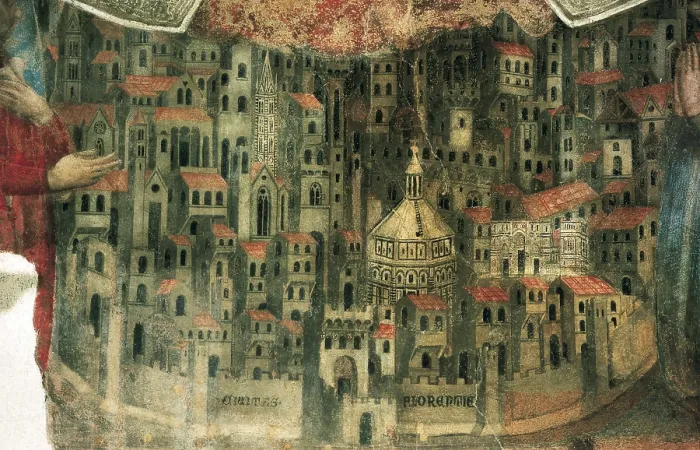 Framed Print : Daddi, Bernardo (c.1290-c.1355). The Madonna della Misericordia. 1342. ITALY. Florence. Loggia del Bigallo (Guildhall). Lower detail with a view of Florence. Renaissance art Framed Print : Daddi, Bernardo (c.1290-c.1355). The Madonna della Misericordia. 1342. ITALY. Florence. Loggia del Bigallo (Guildhall). Lower detail with a view of Florence. Renaissance art