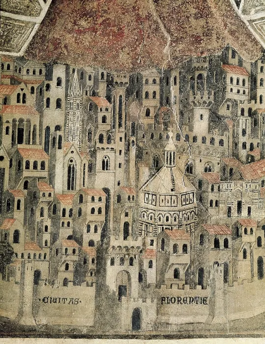 Framed Print : Daddi, Bernardo (c.1290-c.1355). The Madonna della Misericordia. 1342. ITALY. Florence. Loggia del Bigallo (Guildhall). Lower detail with a view of Florence. Renaissance art