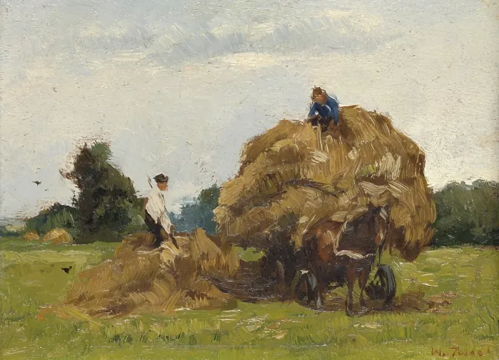 Framed Print : Daddy Longlegs, by Willem de Zwart, c. 1885-1910. Dutch painting, oil on panel. Two farmers piling hay on a hay wagon with horse on the field. (BSLOC_2016_1_61)