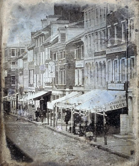 Framed Print : Daguerreotype of the north side of Chestnut Street, between 2nd Street and 3rd Street, Philadelphia, Pennsylvania 1843