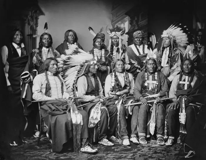 Framed Print : Dakota Indian (Sioux) delegates wear elaborate traditional costume, in Washington, DC, ca. 1882-83