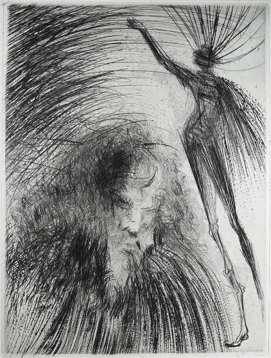 Framed Print : DALI, Salvador (1904-1989). Faust. Illustration for Johann Wolfgang von Goethe's 'Faust'. Episode of the prologue at heaven. Drypoint and roulette engraving