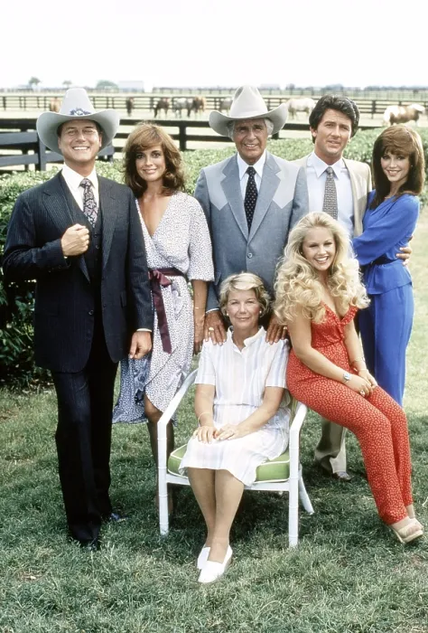 Framed Print : DALLAS, clockwise from upper left, Larry Hagman, Linda Gray, Jim Davis, Patrick Duffy, Victoria Principal, Charlene Tilton, Barbara Bel Geddes, 1978-91 (ca. early 1980s photo)