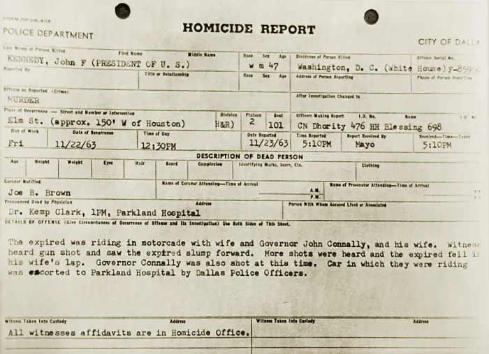 Framed Print : Dallas Police Department Homicide Report on the assassination of President John F. Kennedy. Nov. 22, 1963 Framed Print : Dallas Police Department Homicide Report on the assassination of President John F. Kennedy. Nov. 22, 1963