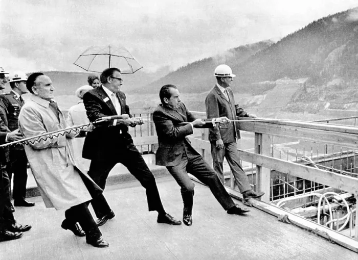 Framed Print : Dam building ceremony in Montana. President Richard Nixon helps Sen. Mike Mansfield, and Rep