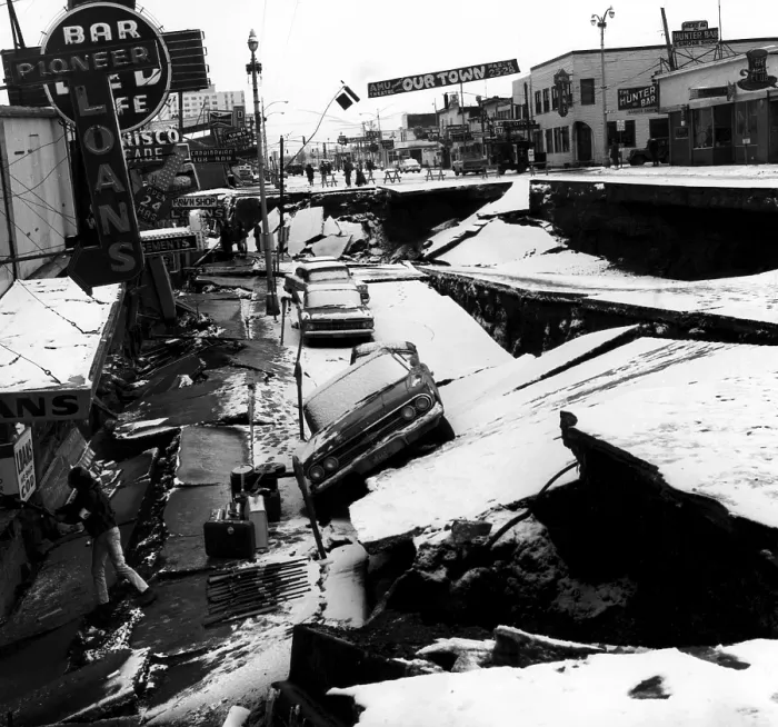Framed Print : Damage from an earthquake. Anchorage, Alaska. March 27, 1964. Courtesy: CSU Archives / Everett Collection Framed Print : Damage from an earthquake. Anchorage, Alaska. March 27, 1964. Courtesy: CSU Archives / Everett Collection