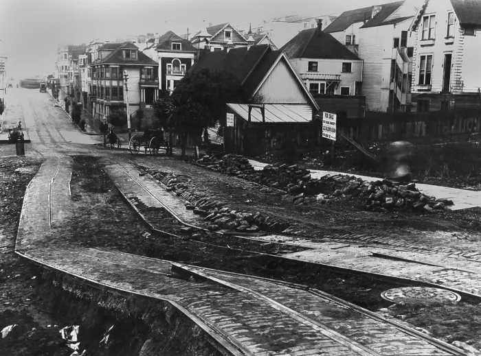 Framed Print : Damage to San Francisco street car tracks from the San Francisco Earthquake, 1906 Framed Print : Damage to San Francisco street car tracks from the San Francisco Earthquake, 1906