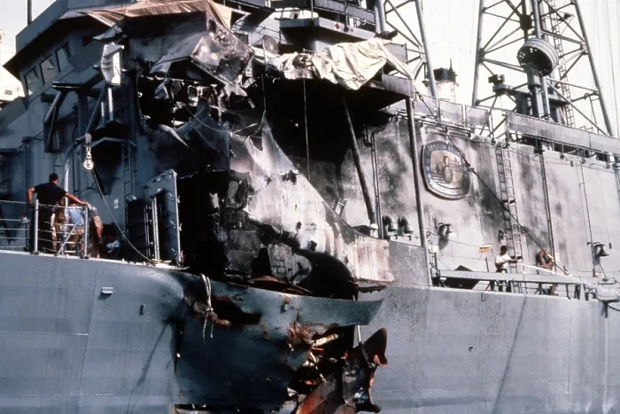 Framed Print : Damage sustained by the guided missile frigate USS STARK when it was hit by two Iraqi-launched Exocet missile while on patrol in the Persian Gulf. (BSLOC_2011_12_248) Framed Print : Damage sustained by the guided missile frigate USS STARK when it was hit by two Iraqi-launched Exocet missile while on patrol in the Persian Gulf. (BSLOC_2011_12_248)