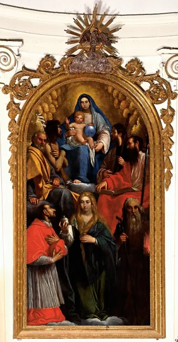 Framed Print : Damini Pietro, Madonna and Child with St John the Baptist, St Peter, St James, St Paul, St Carlo Borromeo, St Mary Magdalene and St Anthony the Abbot, 1625, 17th Century, canvas