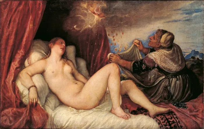 Framed Print : Danae, by Tiziano Vecellio also known as Tiziano, ca. 1554, 16th Century, oil on canvas, 120 x 187 cm - Russia, St. Petersburg, The State Hermitage Museum. Whole artwork view
