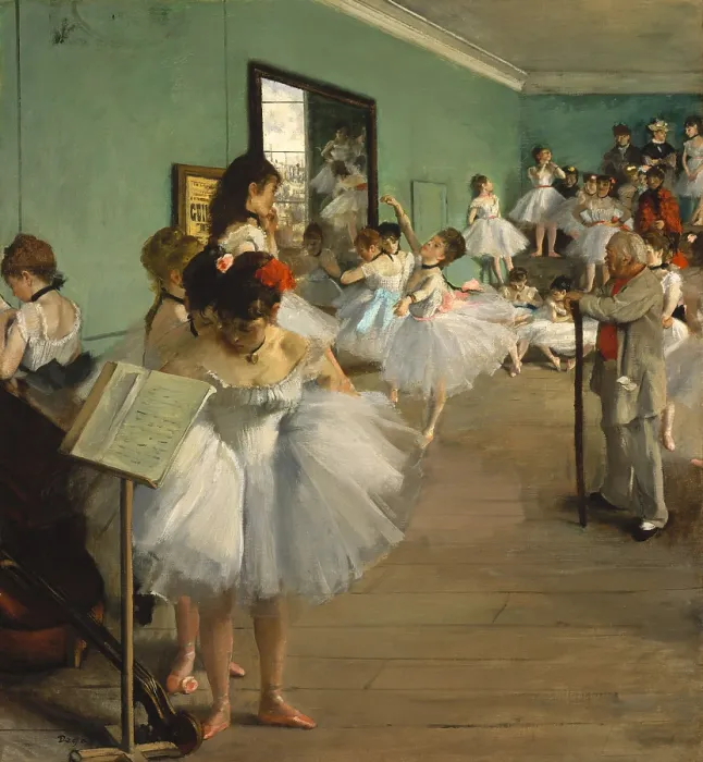 Framed Print : The Dance Class, by Edgar Degas, 1873, French impressionist painting, oil on canvas. Over twenty women, ballerinas and their mothers, wait while a dancer executes her examination