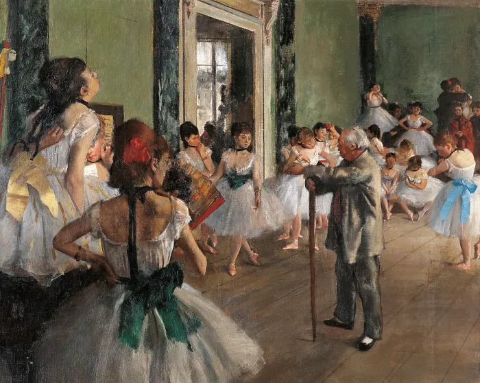 Framed Print : The dance class, by Edgar Degas, 1873, 19th Century, oil on canvas - France, Paris, Muse d'Orsay. Detail. A group of dancers and a old teacher with a stick