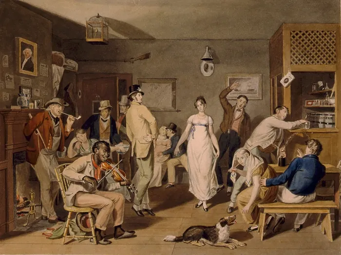 Framed Print : Dance in a country tavern, with people drinking and dancing while African American man plays fiddle. Ca. 1835 Framed Print : Dance in a country tavern, with people drinking and dancing while African American man plays fiddle. Ca. 1835