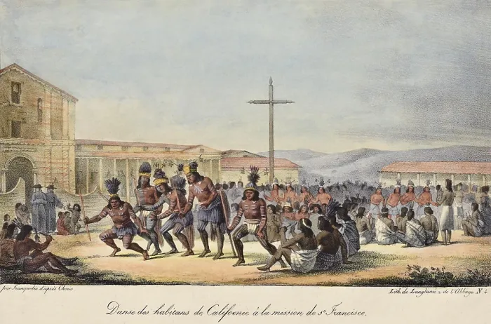 Framed Print : DANCE OF THE INHABITANTS OF CALIFORNIA AT THE MISSION OF SAN FRANCISCO, c. 1815-18, lithograph after watercolor painting by Louis Chorus Framed Print : DANCE OF THE INHABITANTS OF CALIFORNIA AT THE MISSION OF SAN FRANCISCO, c. 1815-18, lithograph after watercolor painting by Louis Chorus