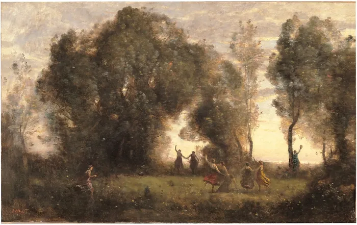 Framed Print : The Dance of the Nymphs, by Jean-Baptiste-Camille Corot, 1860 - 1865 about, 19th Century, oil on canvas, cm 49 x 77, 5 - France, Ile de France, Paris, Muse dOrsay. All