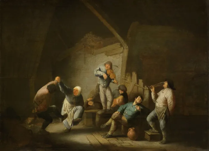 Framed Print : Dancing Couple, by Adriaen van Ostade, 1625-40, Dutch painting, oil on panel. Peasant and his wife dance as man on barrel plays a violin in a barn with haylofts Framed Print : Dancing Couple, by Adriaen van Ostade, 1625-40, Dutch painting, oil on panel. Peasant and his wife dance as man on barrel plays a violin in a barn with haylofts