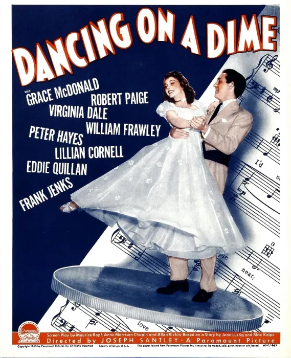 Framed Print : DANCING ON A DIME, from left: Grace McDonald, Robert Paige on window card, 1940