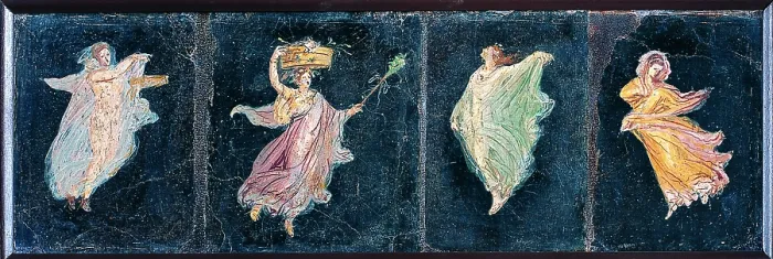 Framed Print : Dancing-girls, by unknown artist, 1-37, 1st Century A.D. ripped fresco, 27 x 71, 2 cm - Italy, Campania, Naples, National Archaeological Museum, Room LXVIII, inv. 9295