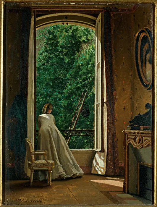Framed Print : D'Ancona Vito, Window overlooking the Apple Orchard, 1873, 19th Century, oil on canvas, Italy, Tuscany, Florence