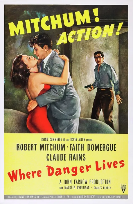 Framed Print : WHERE DANGER LIVES, US poster art, from left: Faith Domergue, Robert Mitchum, 1950
