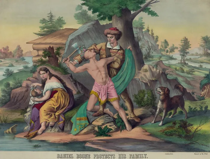 Framed Print : DANIEL BOONE PROTECTS HIS FAMILY, color lithograph, published in 1874. Daniel Boone fights with an Indian warrior, as his wife cowers over their son on the left Framed Print : DANIEL BOONE PROTECTS HIS FAMILY, color lithograph, published in 1874. Daniel Boone fights with an Indian warrior, as his wife cowers over their son on the left