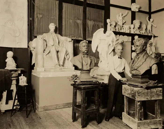 Framed Print : Daniel Chester French in his studio in Stockbridge, Mass. c. 1920. A plaster model of the Lincoln Memorial is displayed Framed Print : Daniel Chester French in his studio in Stockbridge, Mass. c. 1920. A plaster model of the Lincoln Memorial is displayed