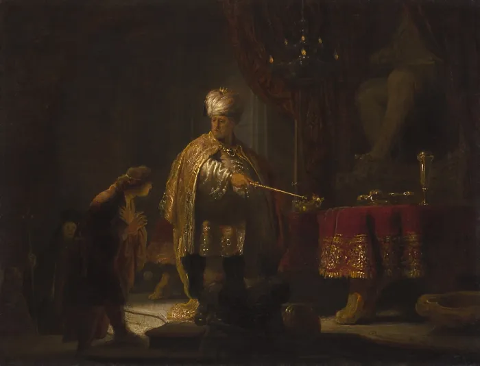Framed Print : Daniel and Cyrus Before the Idol Bel, by Rembrandt van Rijn, 1633, Dutch painting, oil on panel. Humble Daniel explains to Great King Cyrus why he does not worship the deity Bel