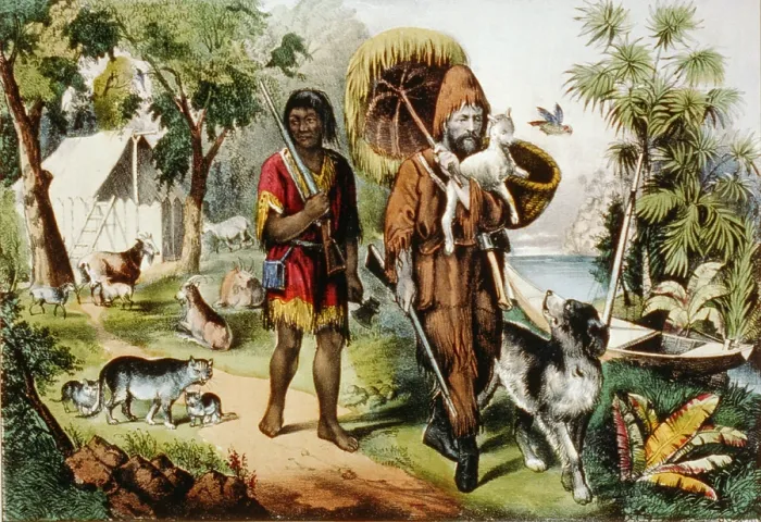 Framed Print : Daniel Defoe's classic characters, Robinson Crusoe, and his companion Friday, with their animals on an isolated island