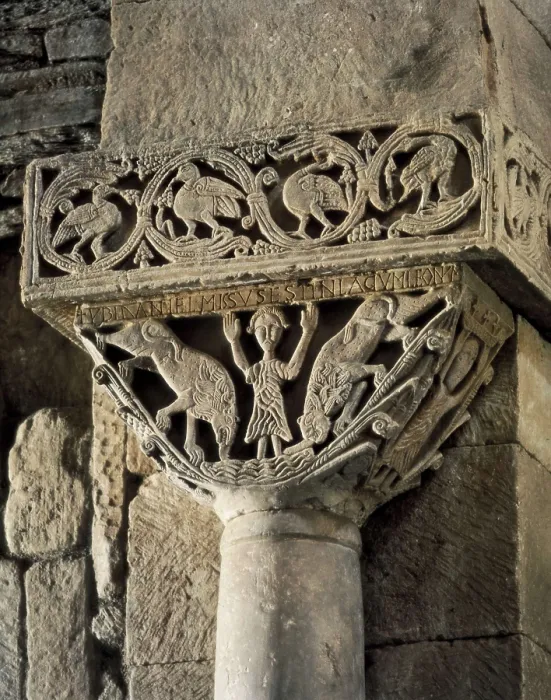 Framed Print : Daniel in the Lion's Den. 7th c. SPAIN. Campillo. Church of Sand Pedro de la Nave. Visigothic art. Relief on rock. AISA / Everett Collection**US SALES ONLY**