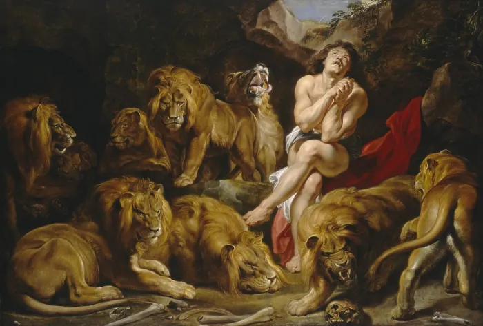 Framed Print : Daniel in the Lions Den, by Sir Peter Paul Rubens, 1614-1616, Flemish painting, oil on canvas. God closed the jaws of the lions, as Daniel prayed in the lion's den