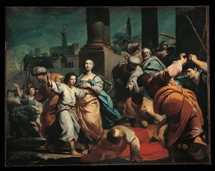 Framed Print : Daniel vindicates Susanna, by Gionima Antonio, 18th Century, 1725, oil on canvas, cm 127 x 163, 5 - Italy, Emilia Romagna, Bologna, National Art Gallery. All