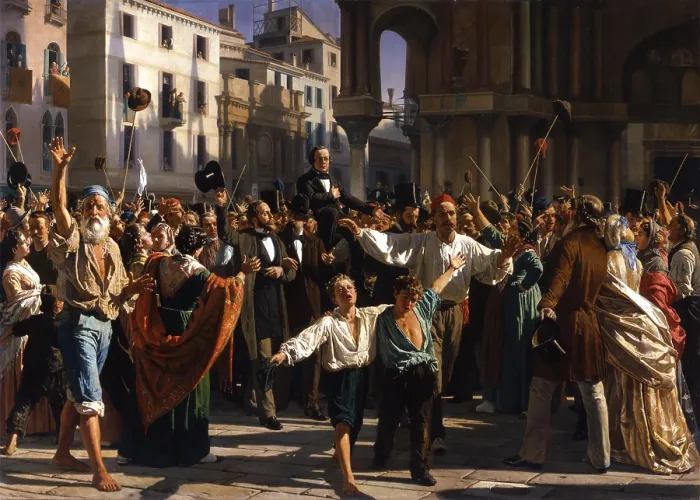 Framed Print : Daniele Manin and Nicol Tommaseo freed from jail and carried in triumph in St Mark's Square, by Napoleone Nani, 1874 - 1876, 19th Century, canvas - Italy, Veneto, Venice