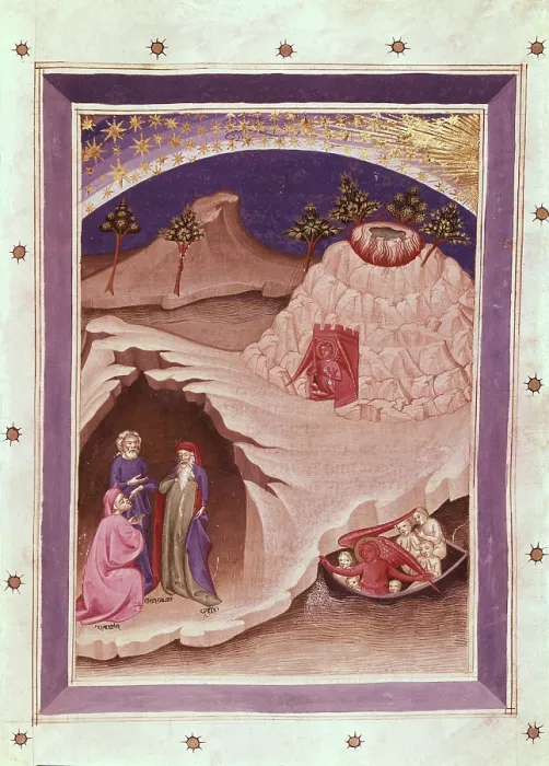 Framed Print : DANTE ALIGHIERI (1265-1321). The Divine Comedy. s.XIV. Dante, Virgil and Cato. Boat with an angel and six souls. Gothic art. Miniature Painting. SPAIN. Madrid. National Library