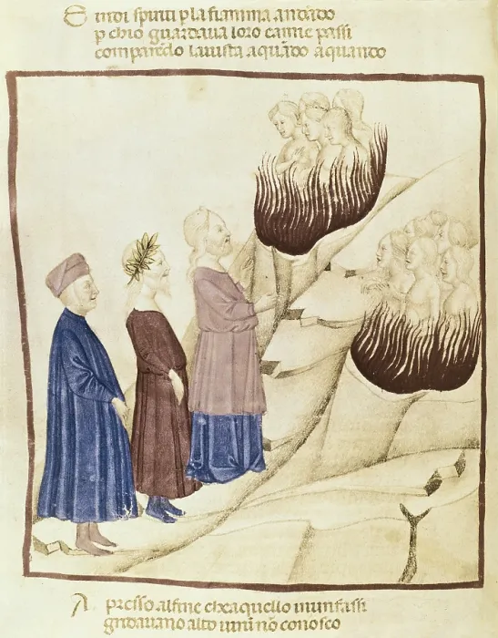 Framed Print : DANTE ALIGHIERI (1265-1321). The Divine Comedy. s.XIV. The Purgatory. Dante and Virgil before the lustful who walk through the flames. Gothic art. Miniature Painting. ITALY
