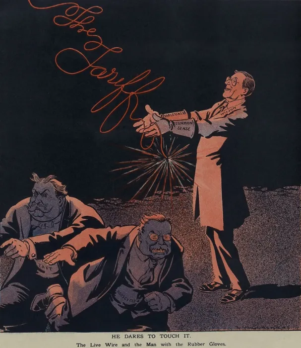Framed Print : HE DARES TO TOUCH IT, a political cartoon on Puck Magazine cover, Oct. 2, 1912. Woodrow Wilson touching a live electric wire that spells out The Tariff Framed Print : HE DARES TO TOUCH IT, a political cartoon on Puck Magazine cover, Oct. 2, 1912. Woodrow Wilson touching a live electric wire that spells out The Tariff