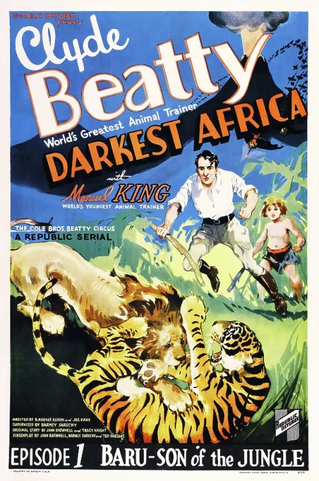 Framed Print : DARKEST AFRICA, US poster art, from left: Clyde Beatty, Manuel King in Episode 1: Baru-Son of the Jungle, 1936