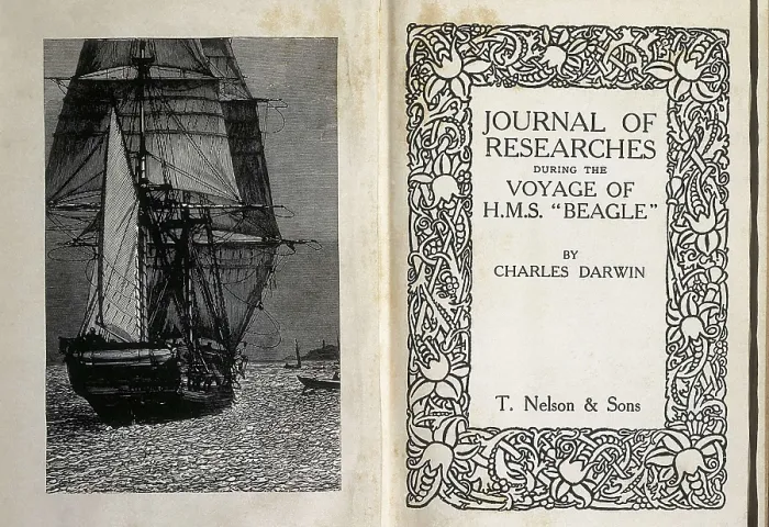 Framed Print : DARWIN, Charles Robert (1809-1882). 'Journal of Researches during the Voyage of H.M.S. Beagle'. Front page and illustration of the Beagle. Etching. SPAIN. Barcelona Framed Print : DARWIN, Charles Robert (1809-1882). 'Journal of Researches during the Voyage of H.M.S. Beagle'. Front page and illustration of the Beagle. Etching. SPAIN. Barcelona