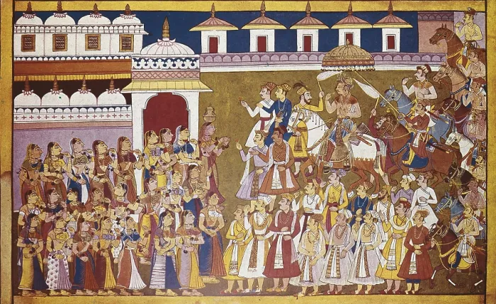 Framed Print : Dasaratha comes back after Putreshthi's sacrifice. Ilustracion from Indian epic poem 'Ramayana', 17th century. Hindu art. Miniature Painting Framed Print : Dasaratha comes back after Putreshthi's sacrifice. Ilustracion from Indian epic poem 'Ramayana', 17th century. Hindu art. Miniature Painting